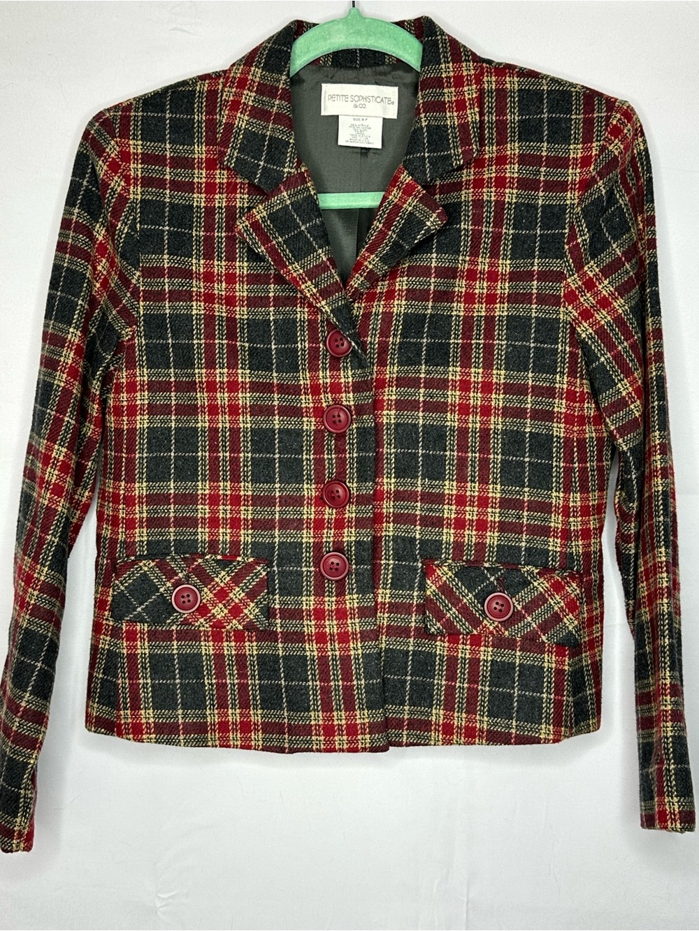 Petite Sophisticate Red, Black & Yellow Plaid Button Jacket